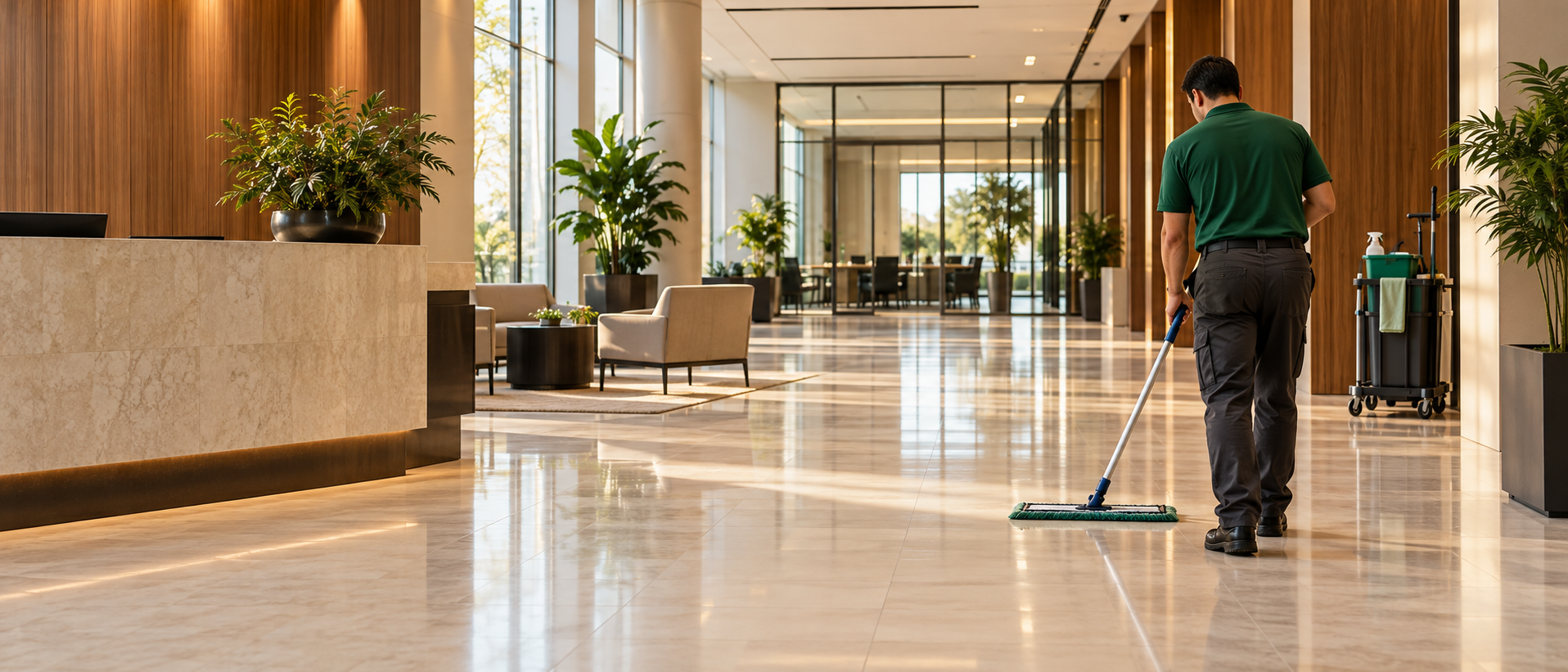 Illustrative modern reception with a professional cleaner in forest-green workwear