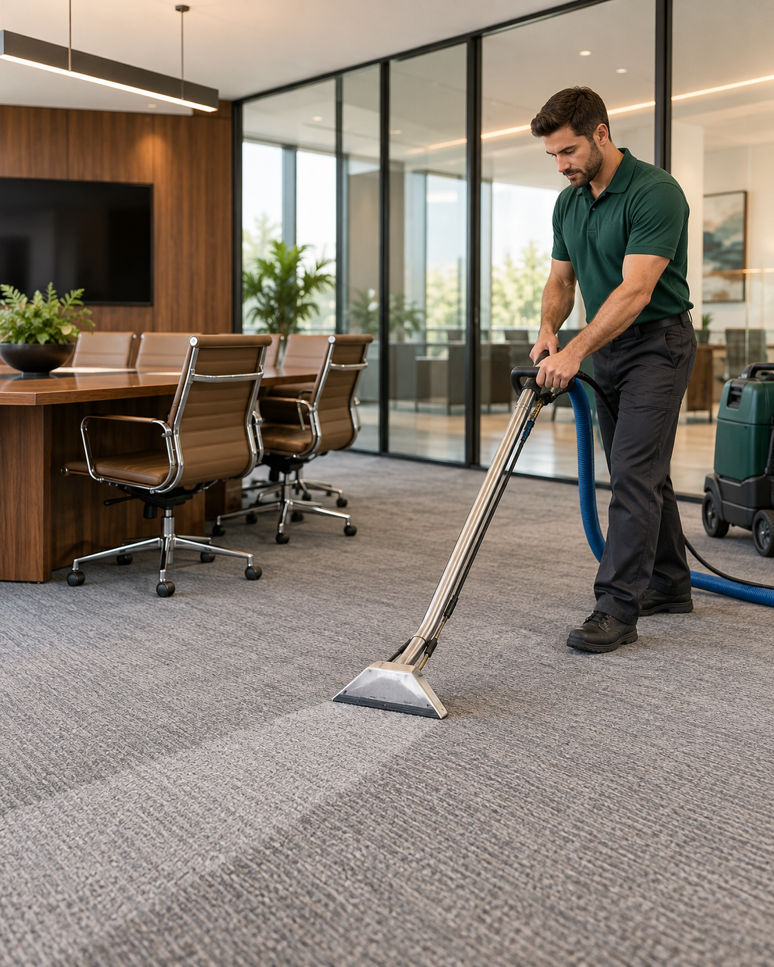 Illustrative professional cleaning commercial carpet with an extraction wand